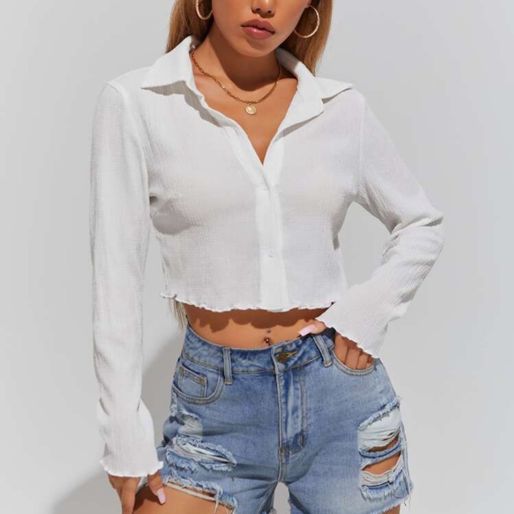 Lettuce trim button down collared crop top long sleeve white y2k 90s - Picture 1 of 2
